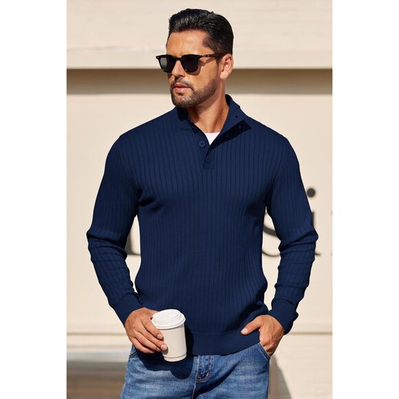 Men's Quarter Button Sweater Long Sleeve Stand Collar Sweater Knitted Navy Blue - Picture 4 of 5